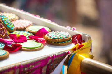 Fototapeta na wymiar Sweet mountain-a traditional cake-sweet treat of Indian culture, as well as Krishnas, timed to the Vedic festival Govardhana Puja.