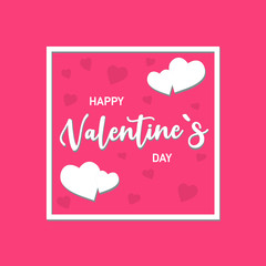 Happy Valentine's day greeting card or posters. Lettering in white with a delicate gray shadow. Above and below are white and pink hearts in different sizes.