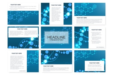 Big set of vector templates for presentation slides. Modern graphic background structure molecule and communication. Scientific pattern atom DNA. Medical, science, chemistry design.