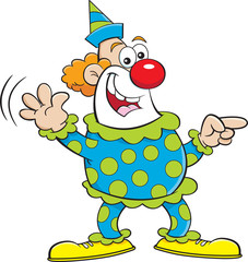 Fototapeta premium Cartoon illustration of a happy clown pointing while waving.