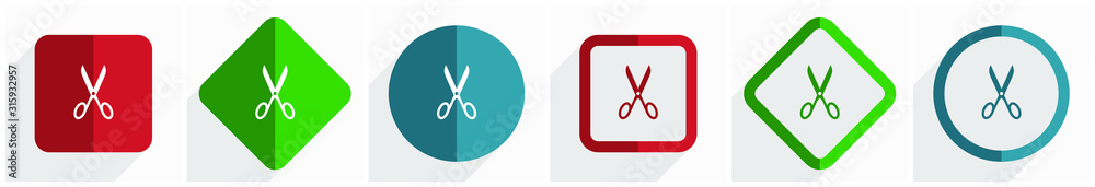 Poster Scissors icon set, flat design vector illustration in 6 options for webdesign and mobile applications in eps 10