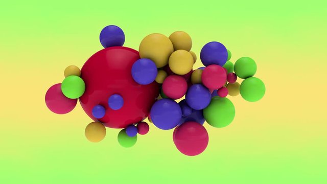 3D animation of a large red ball that makes its way through a cloud of small colored balls. 4K animation of abstract minimalistic background.