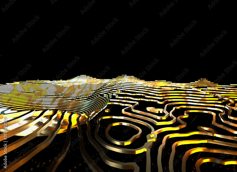 Poster Abstract topographic map 3D background with shiny golden lines in sci-fi technology style. 3D illustration