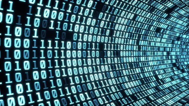 Digital binary code tunnel, glowing neon style, binary data background, blue color