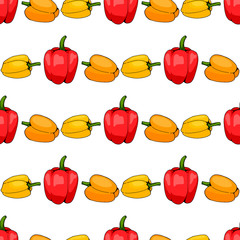 Seamless pattern of red, yellow and orange peppers on white background. Endless background for your design. Ingredients for cooking.