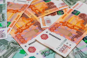 Russian money close-up. Banknotes of rubles. Finances of Russia.