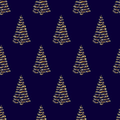 Hand-drawn abstract pine pattern for new year, golden christmas tree seamless background, EPS 10