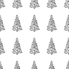 Hand-drawn abstract pine pattern for new year, christmas tree seamless black and white background, EPS 8