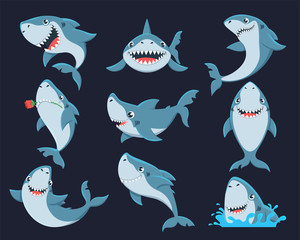Obraz premium Cute funny shark flat vector illustrations set