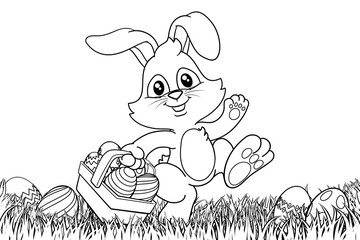 Easter bunny rabbit cartoon character holding a basket full of painted Easter eggs in a field of grass. In black and white outline.