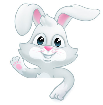 Easter bunny rabbit cartoon character peeking over a sign background and pointing down at it