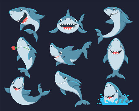 Cute funny shark flat vector illustrations set