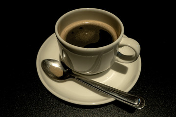Black Coffee, Cup of coffee on table, Black isolated baakgroud