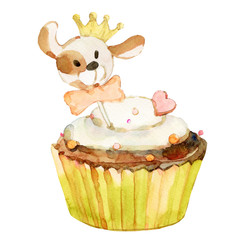 Cupcake for pets. Pet care. Sweet painting. Watercolor illusytrations.