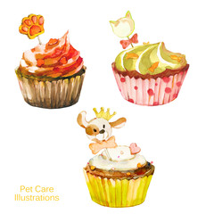Set of cupcakes for pets. Pet care. Sweet painting. Watercolor illusytrations.