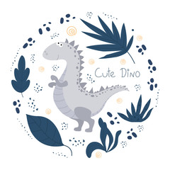Cute Dino - poster with a funny dinosaur and lettering. Vector illustration.