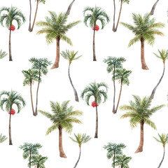 Fototapeta premium Beautiful seamless pattern with watercolor hand drawn tropical jungle palms. Stock illustration.