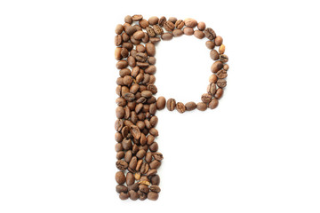 Coffee beans. Letter P made from coffee beans on a white background. Brown