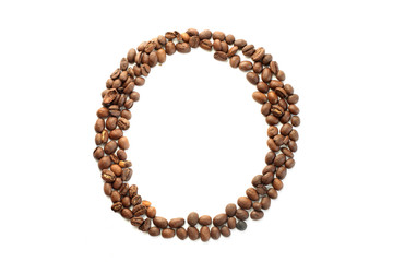 Coffee beans. Letter O made from coffee beans on a white background. Brown