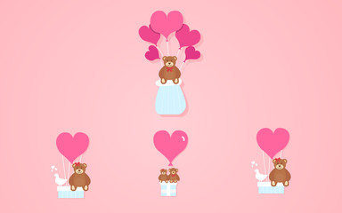 Cute teddy bears is flying on balloons vector illustration on a pink background