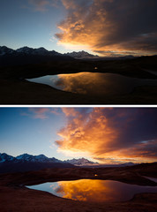 Great view of lake Koruldi. Location Upper Svaneti, Mestia, Georgia, Europe.