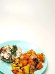 stewed cutlets and stewed vegetables, healthy food. delicious cutlets served with vegetables on a plate close-up.