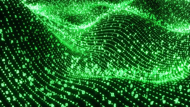 Digital wavy landscape with binary code moving, glowing neon style, binary data background, green color, seamless loop animation