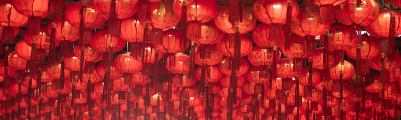 Chinese New Year 2023, Background of Chinese lantern hanging on the celling. - obrazy, fototapety, plakaty