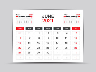 calendar 2021 template. June Page vector for calendar 2021 template. Table, Wall, Desk calendar design. Week starts on Monday, Minimal Diary Planner Design. printing, advertisement, Red background