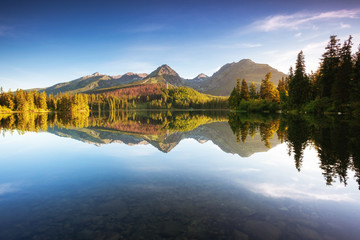Wonderful lake in National Park High Tatra. Location Strbske pleso, Slovakia, Europe.