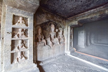 Stone-Carved Buddhist Statues Inside Cave No. 12 of the Ellora Caves