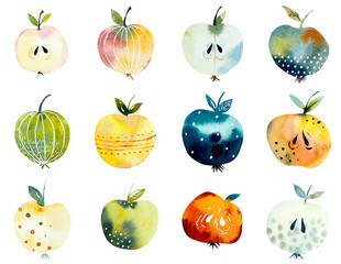 Set apples. Watercolor hand drawn illustration.