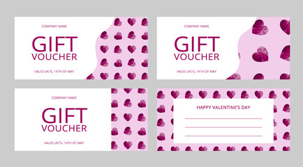 Collection of Valentine day gift vouchers with pink polygonal hearts. Two sides. Romantic vector discount coupon. Standard scaled size: 210*99 mm