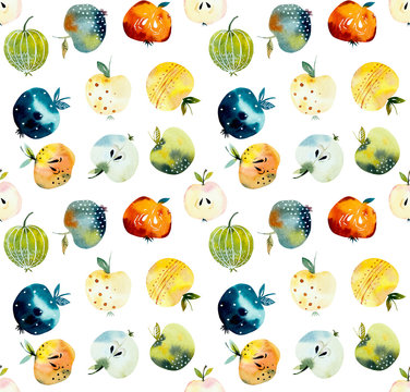 Apples. Seamless pattern. Watercolor hand drawn illustration.