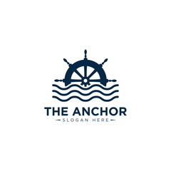 marine retro emblems logo with anchor rope and ship wheel, anchor logo - vector