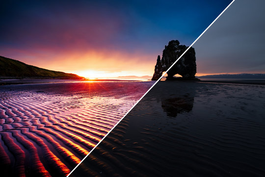 Awesome dark sand after the tide. Location Hvitserkur, Iceland, Europe. Images before and after.