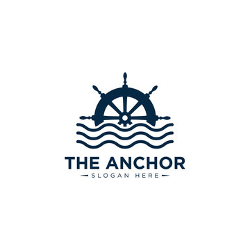 marine retro emblems logo with anchor rope and ship wheel, anchor logo - vector