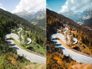Beautiful view of alpine road. Images before and after.