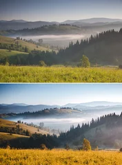 Foto op Canvas Misty alpine highlands in sunny day. Images before and after. © Leonid Tit