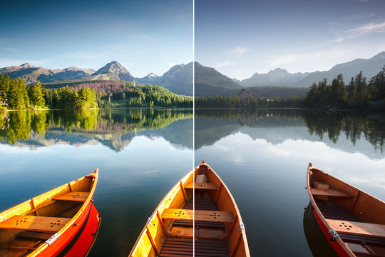 Stunning lake in National Park High Tatra. Images before and after. © Leonid Tit