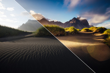 Beautiful view of yellow hills. Location place Stokksnes cape, Iceland. Images before and after.