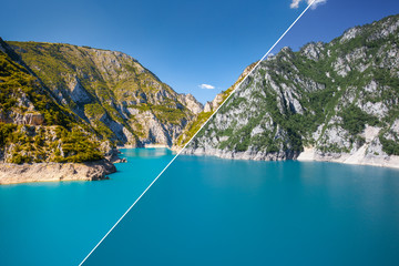 Turquoise water in the Piva canyon. Images before and after.