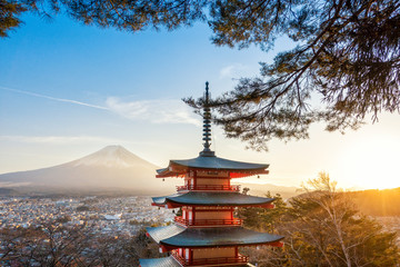 Fujiyoshida, Japan at Chureito Pagoda and Mt. Fuji at sunset