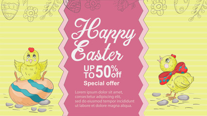 Easter banner 1 discount special offer in the style of childrens Doodle illustration