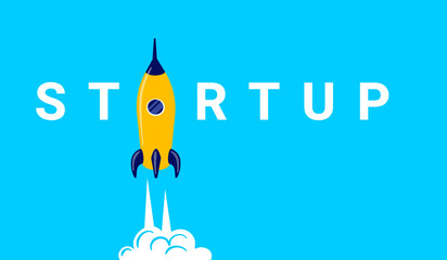 Vector creative illustration of business startup template with rocket and word on blue background.