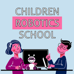 A square image of teens who study robotics. A vector image for a flyer or a poster for the children coding school. Blue and pink colors. Children robotics school