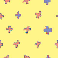 A vintage seamless pattern with abstract figures in the style of the 90s or 80s for children or baby on a yellow background, a vector stock illustration with doodle crosses