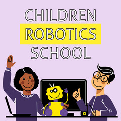 A square image of teens who study robotics. A vector image for a flyer or a poster for the children coding school. Purple and yellow colors. Children robotics school