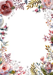 Red, pink watercolor roses, flowers, berries in a vertical orientation frame on a white isolated background. For wedding greetings, Wallpaper, fashion, background, texture, packaging. Vector