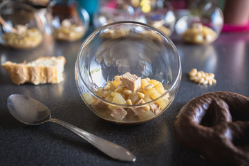 Verrine of pear foie gras and pine nuts